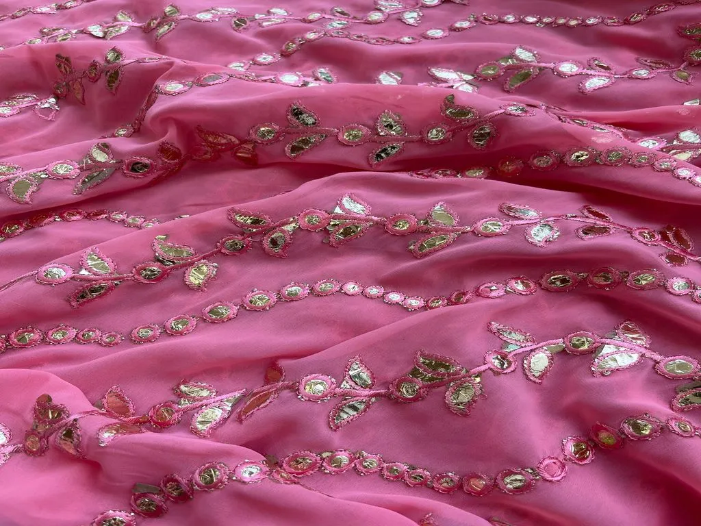 Pink Stripes Faux Mirror Embroidered Georgette Fabric (Wholesale)