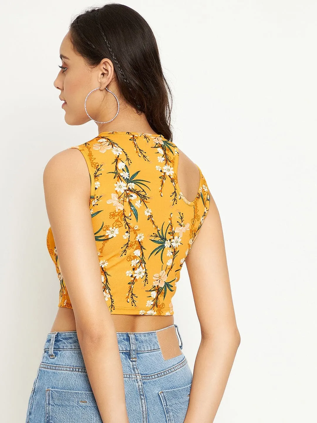 Printed Cotton Stretchable Shoulder Cutout Crop Top