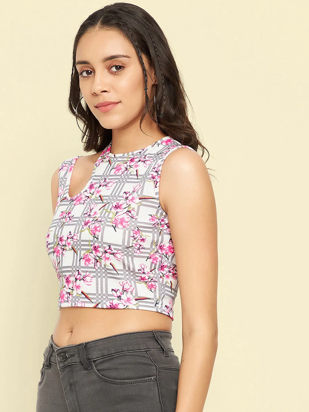 Printed Cotton Stretchable Shoulder Cutout Crop Top