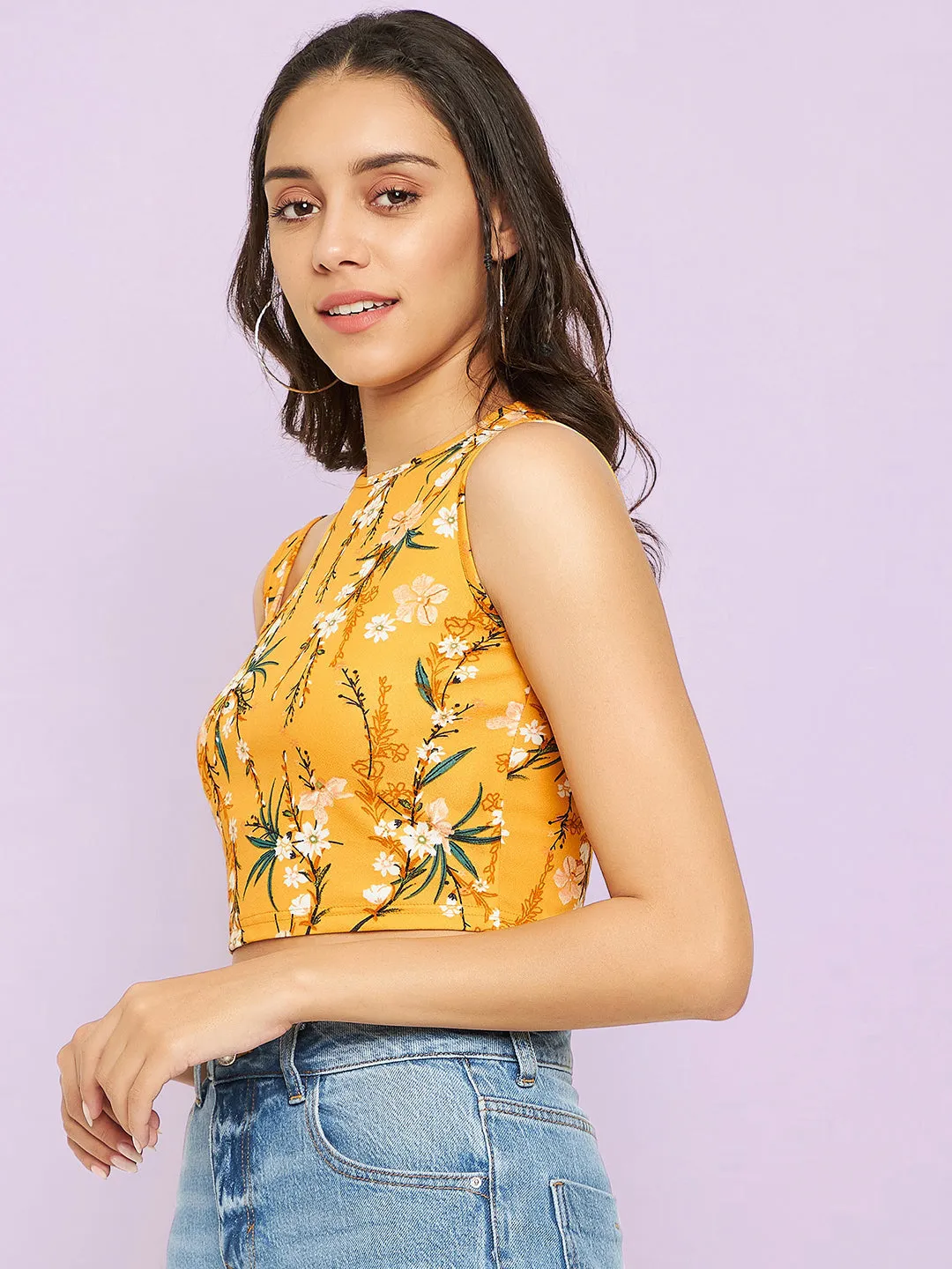 Printed Cotton Stretchable Shoulder Cutout Crop Top