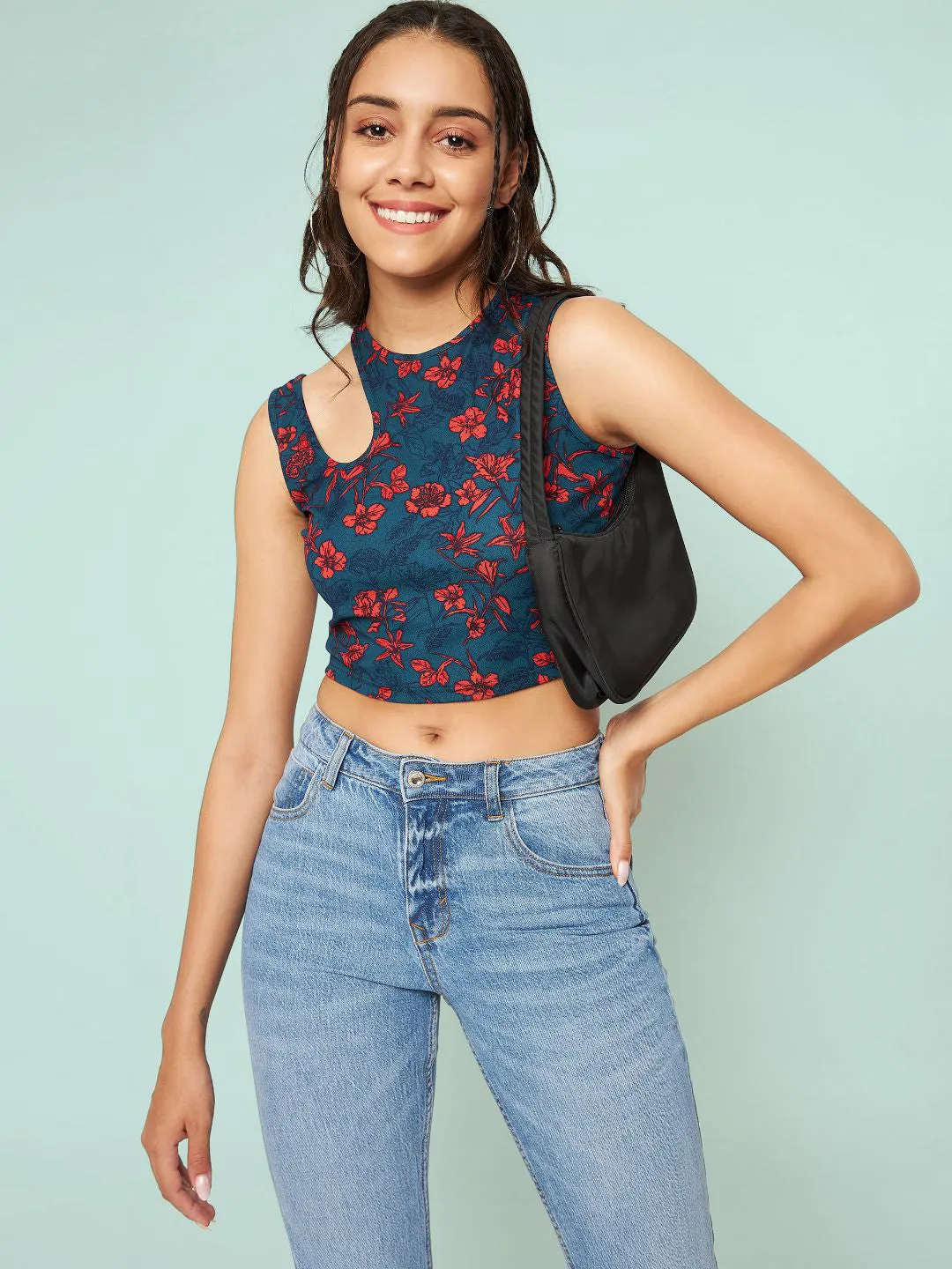 Printed Cotton Stretchable Shoulder Cutout Crop Top