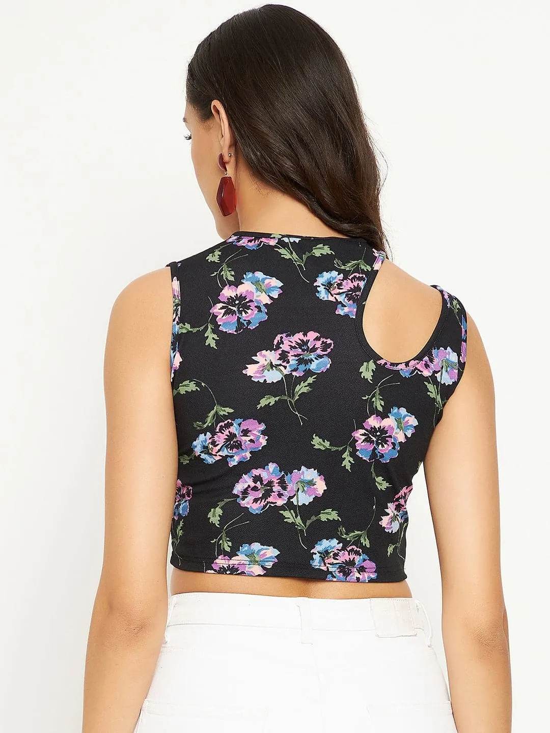 Printed Cotton Stretchable Shoulder Cutout Crop Top