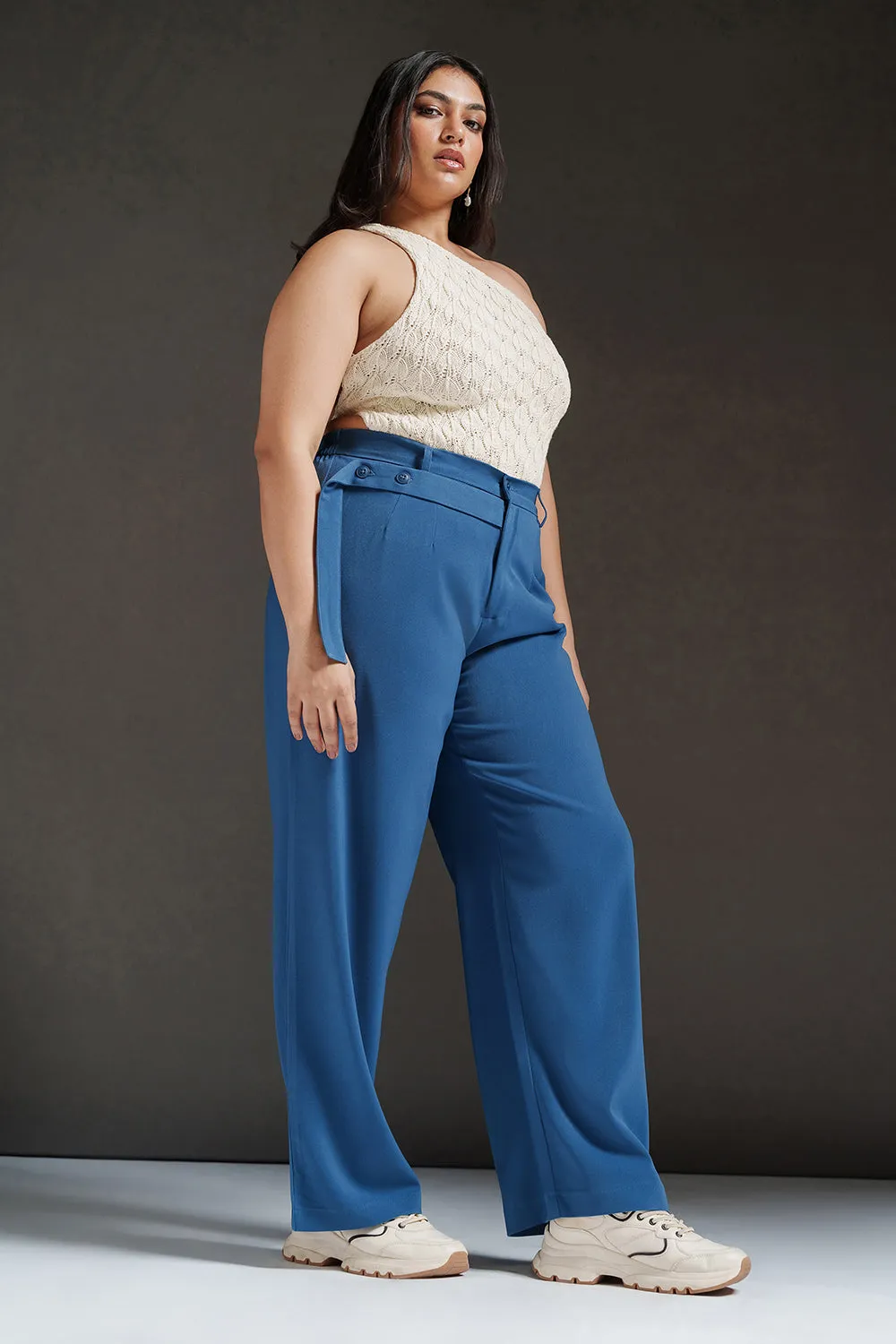 Radiant Blue Curve Strap Detailed Korean Pants