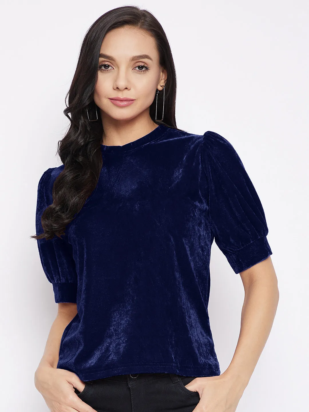 Stretchable Velvet High Neck Puff Sleeve Top