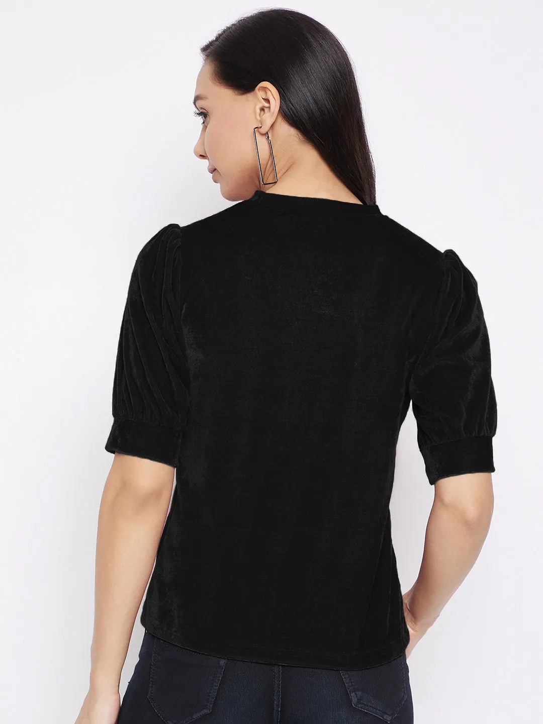 Stretchable Velvet High Neck Puff Sleeve Top