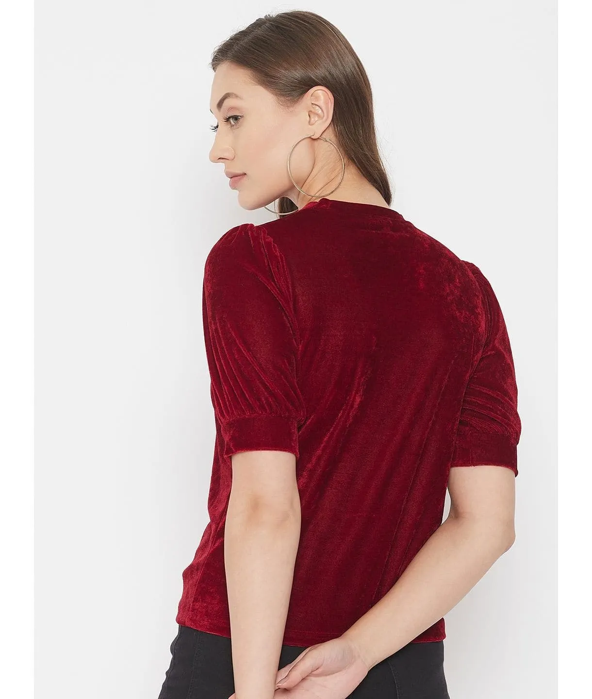 Stretchable Velvet High Neck Puff Sleeve Top