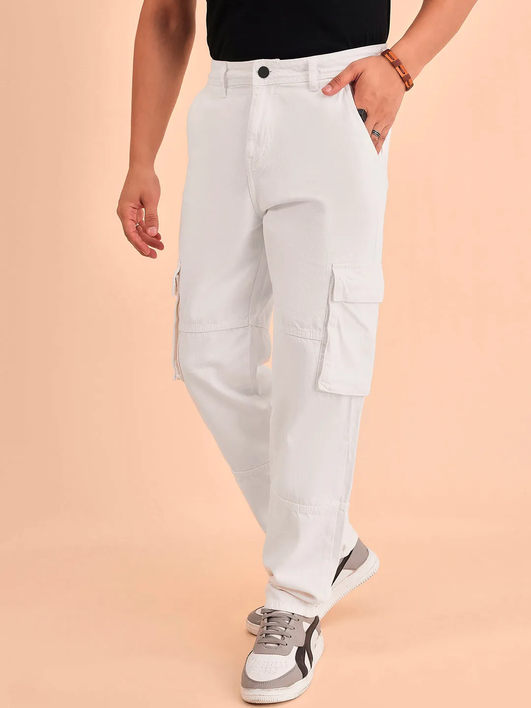 Style Quotient Men White Relaxed Fit Mid Rise Cargos