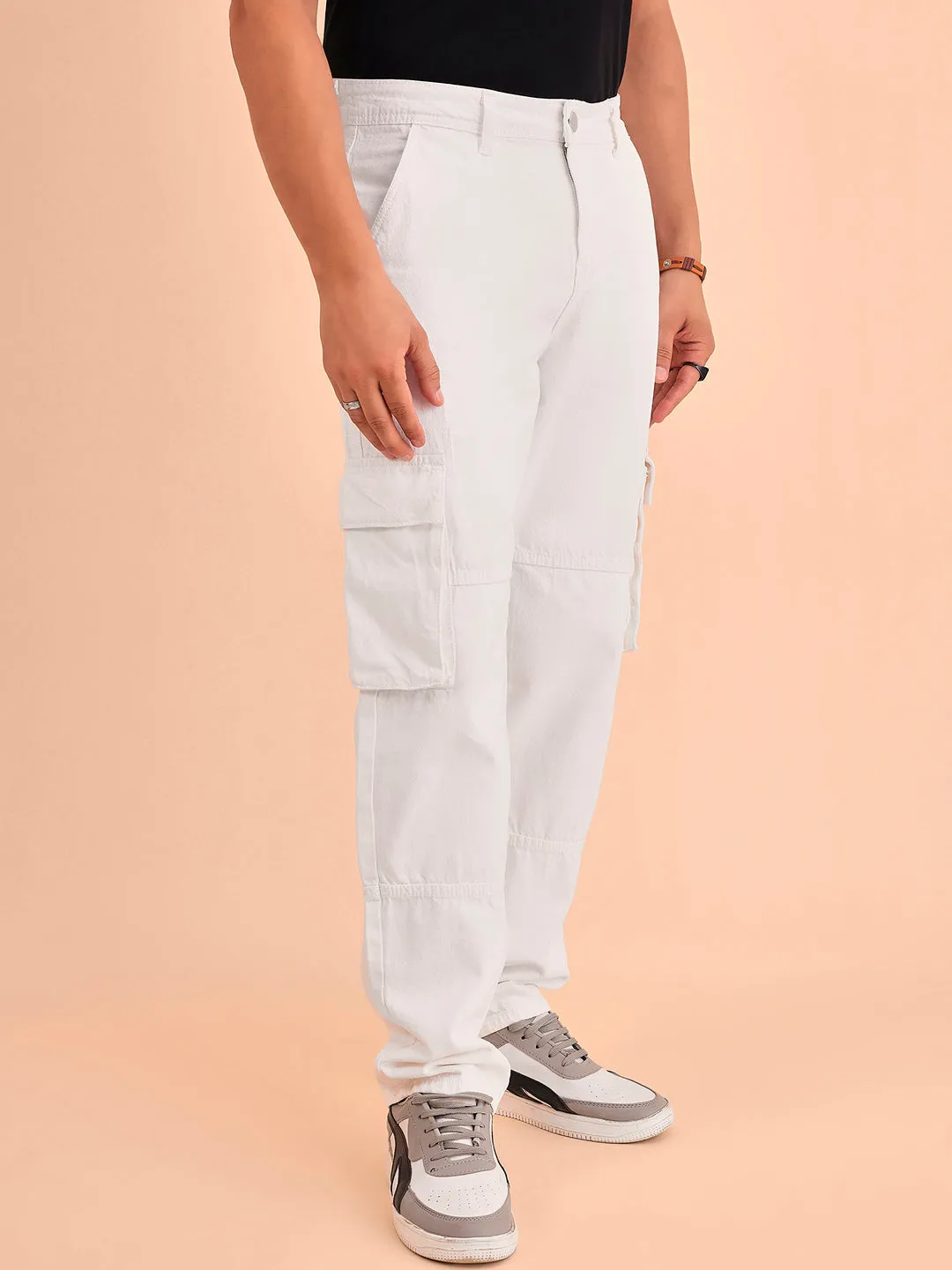 Style Quotient Men White Relaxed Fit Mid Rise Cargos