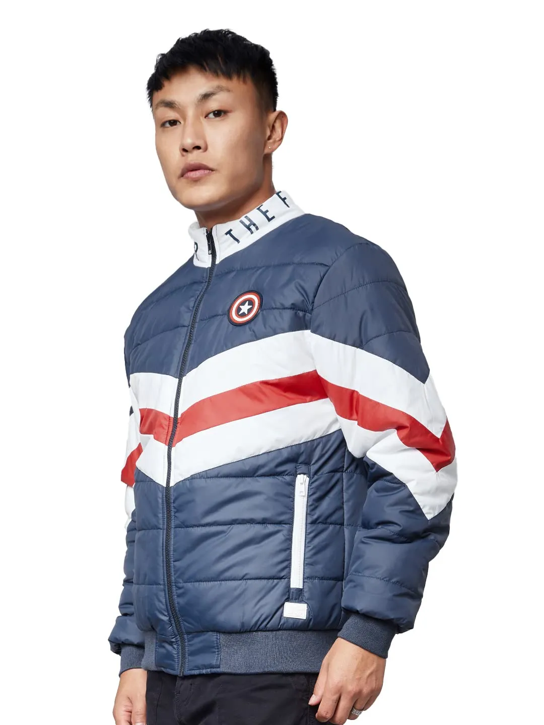 The Souled Store| Official Captain America: Blue & Red Mens and Boys Jackets|Full Sleeve|Regular fit Graphic Printed| 100% Polyester Multicolored Men Puffer Jackets