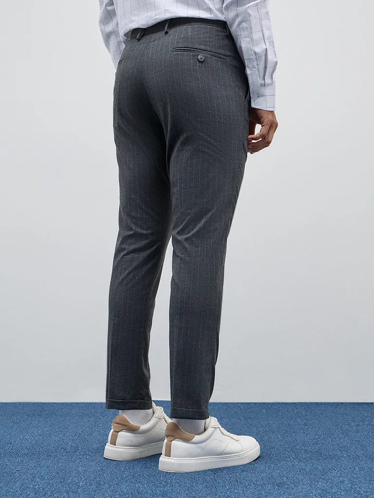 WES Formals Charcoal Striped Carrot-Fit Mid-Rise Trousers