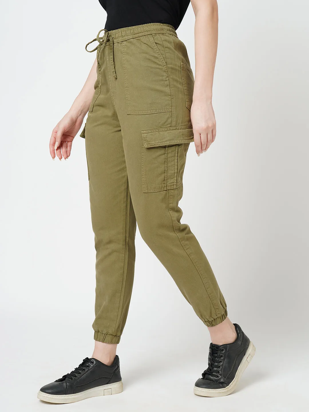 Women Olive High Rise Paper Bag Pants